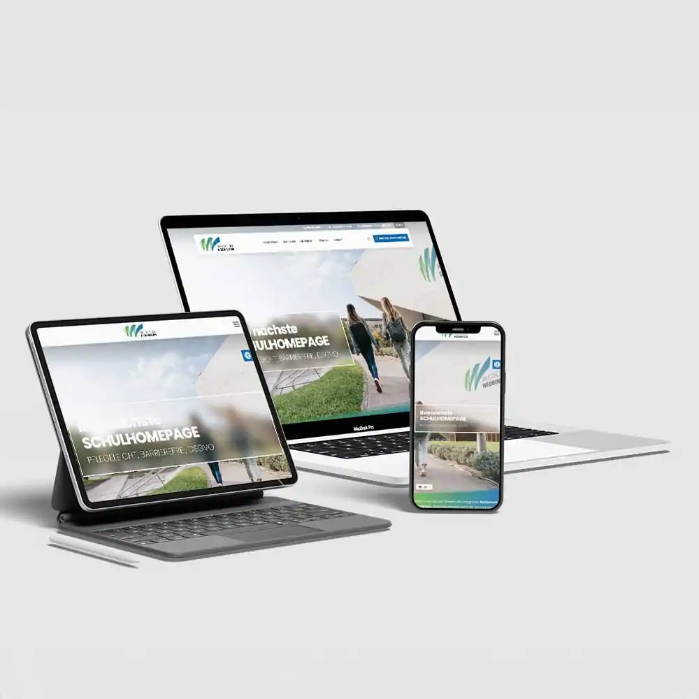 WordPress-basierte Schulhomepage auf Laptop, Tablet und Smartphone &ndash; responsives, mehrsprachiges Schul-CMS