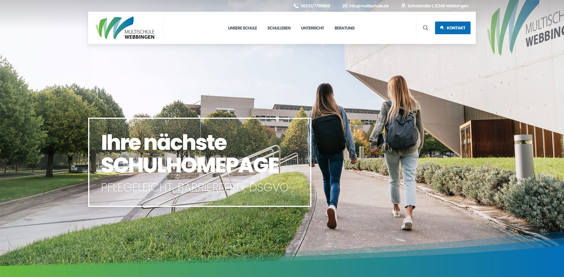 Screenshot der Demo-Schulhomepage Multischule Webbingen &ndash; gebaut mit WordPress und Elementor