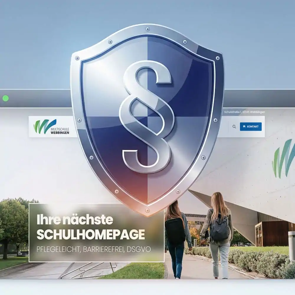 Symbolbild: Plugin-Auswahl und Datenschutz f&uuml;r WordPress &ndash; Paragraphen-Schild &uuml;ber einer Schulhomepage